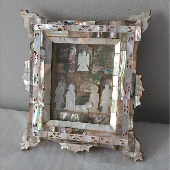 Antique Mother Of Pearl Inlay Holy Lady Nativity Diorama Icon Shadowbox AS IS - Picture 3 of 8